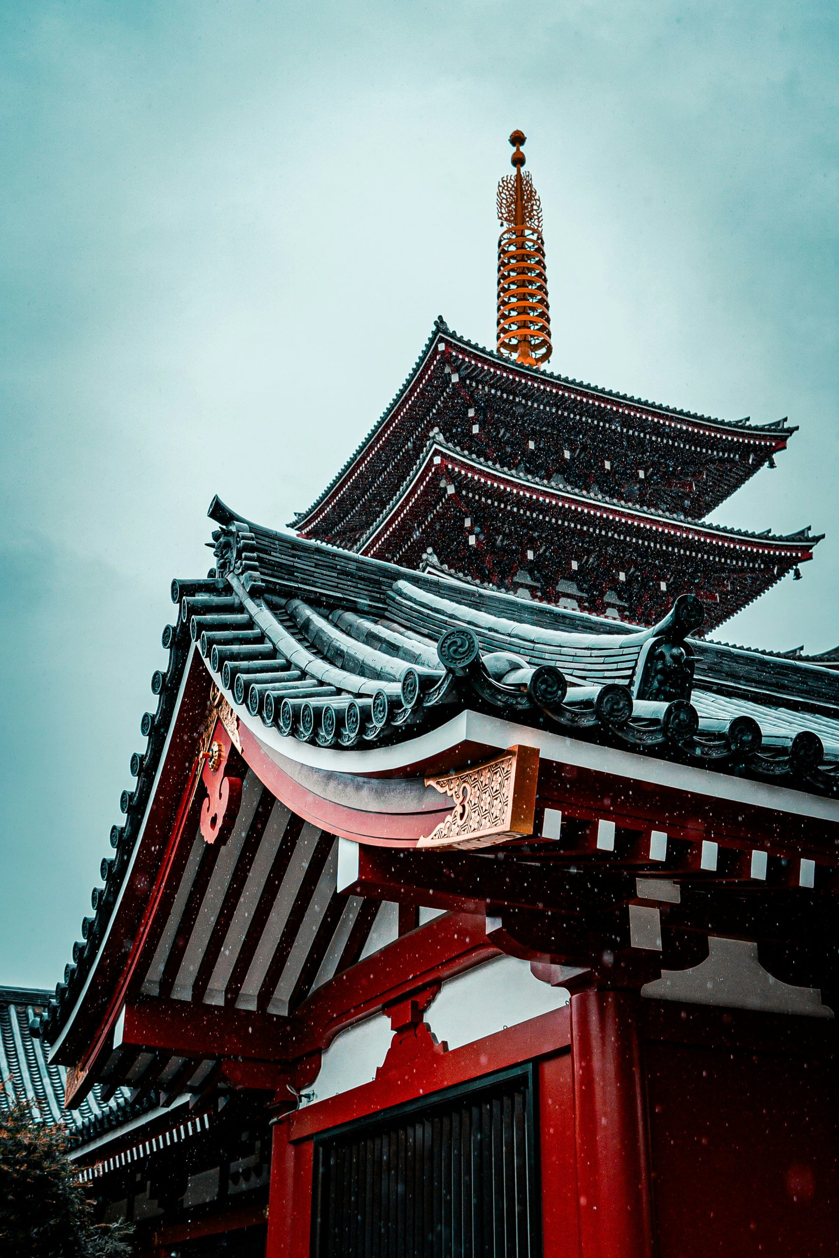 Japanese temple in winter snow
